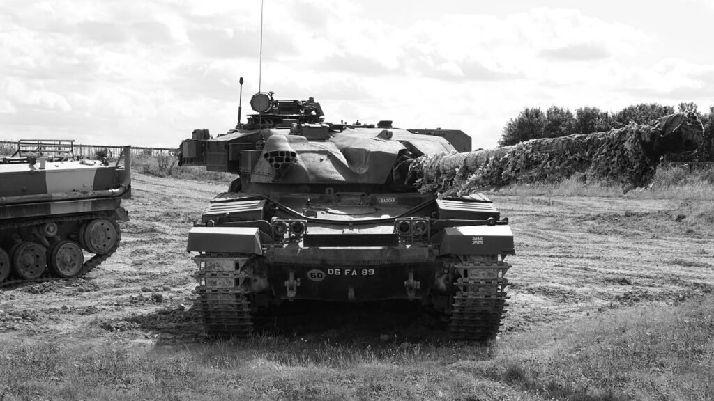 Front view of a Challenger 2 tank displayed at Duxford Military Museum, UK.